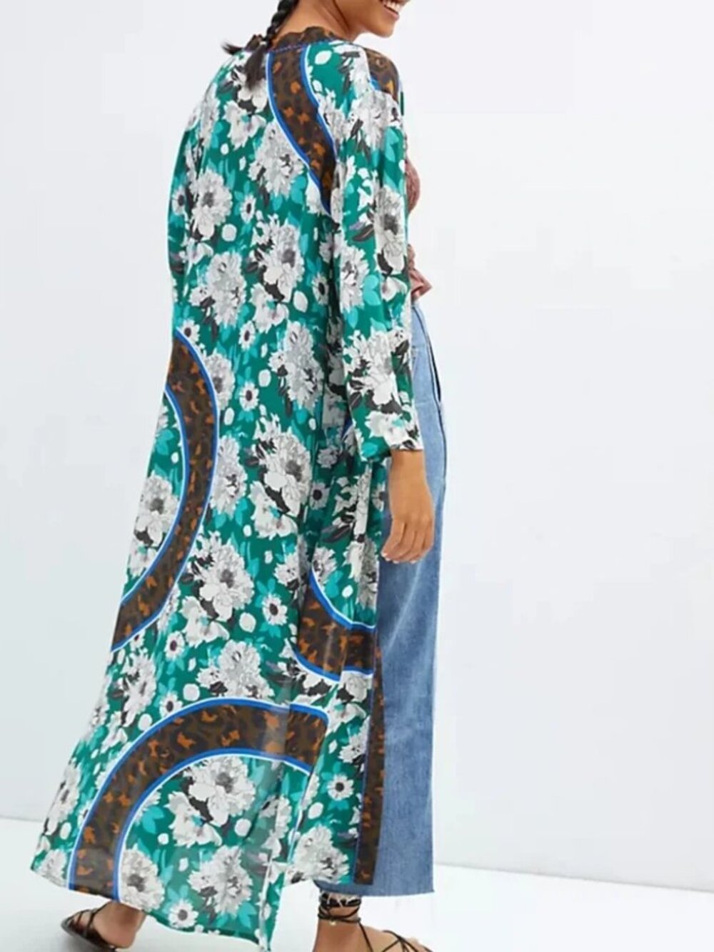 Bl_nk London for Anthropologie Green, cream, black kimono long top